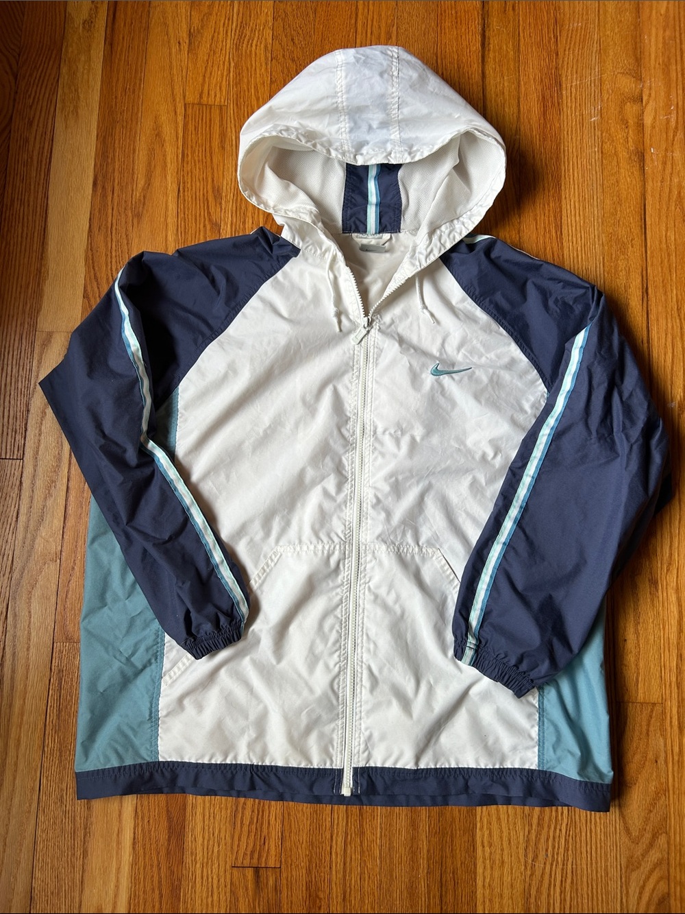 Nike Hooded Zip Up Windbreaker with Navy and Teal Panels
